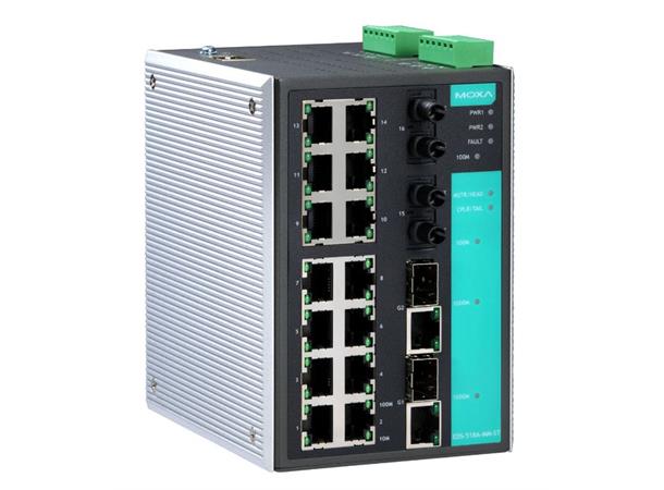 Moxa EDS-518A-T, 2x Gigabit, Utv.Temp 16x10/100BaseT(X), 2x Gigabit 