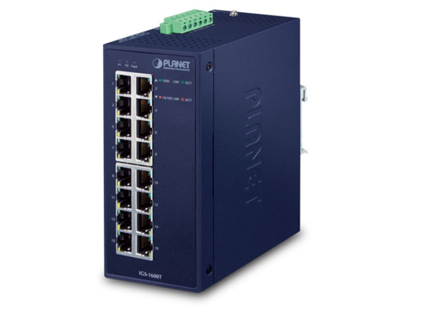 IGS-1600T 16-port Din-rail Switch 12-48VDC. 24VAC, -40-75 degree C 