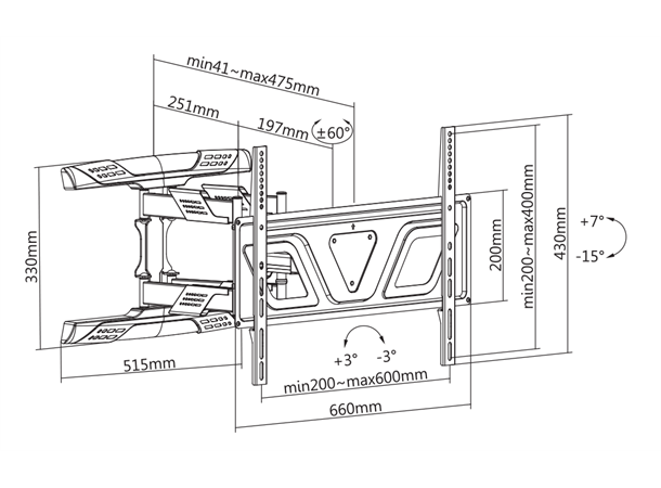 ARM-0259 display wall mount, max 45kg VESA 200x200 - 600x400 