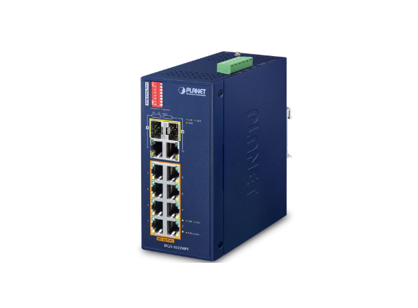 IFGS-1022HPT 8-port Din-rail Switch 2xSFP, 2xGbE, 8xPoE+, 48-54VDC, Extend 