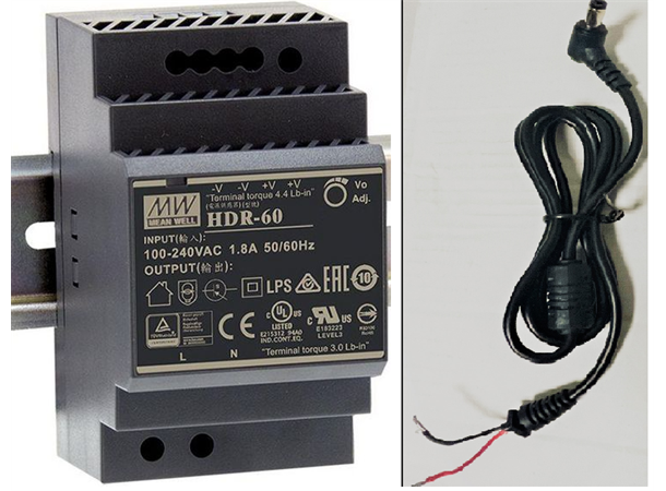 HDR-60-12 for DIN Rail \w cable 12V, 4,5A PSU, 1,8m 5,5x2,5mm 90 degree 