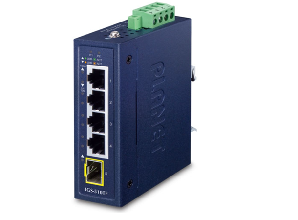 IGS-510TF 4+1-port Din-Rail Switch 4xGbE, 1xSFP, Compact,  9-48VDC, 24VAC 