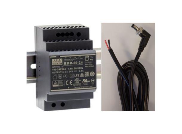 HDR-60-24 PSU \w Locking Cable 5,5x2,1mm 24V 60W, 3m Cable 90 degree 