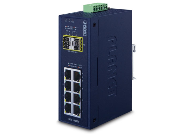 IGS-1020TF 8+2-port Din-Rail Switch 2xSFP, 12-48VDC, 24VAC, -40-70 degree C 